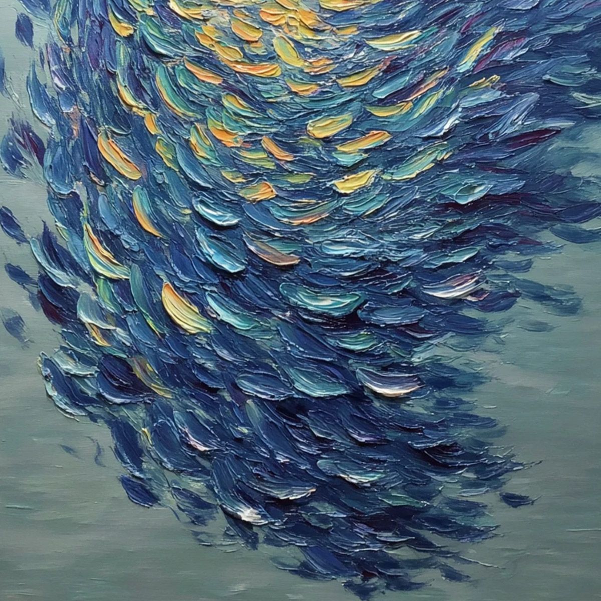 Golden Tide hand-painted gold and ivory textured school of fish painting shown with white frame