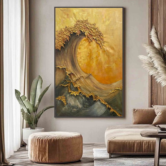 Golden Wave Dreams hand-painted turquoise, ocean blue and gold textured ocean wave painting rolled canvas option