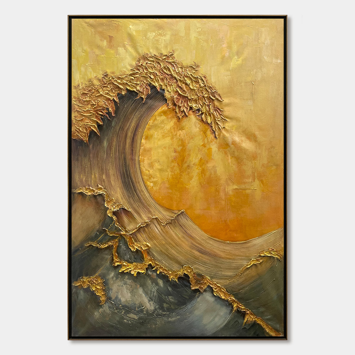 Golden Wave Dreams hand-painted turquoise, ocean blue and gold textured ocean wave painting shown with silver frame