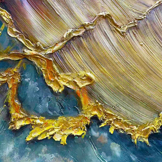 Golden Wave Dreams hand-painted turquoise, ocean blue and gold textured ocean wave painting shown as stretched canvas