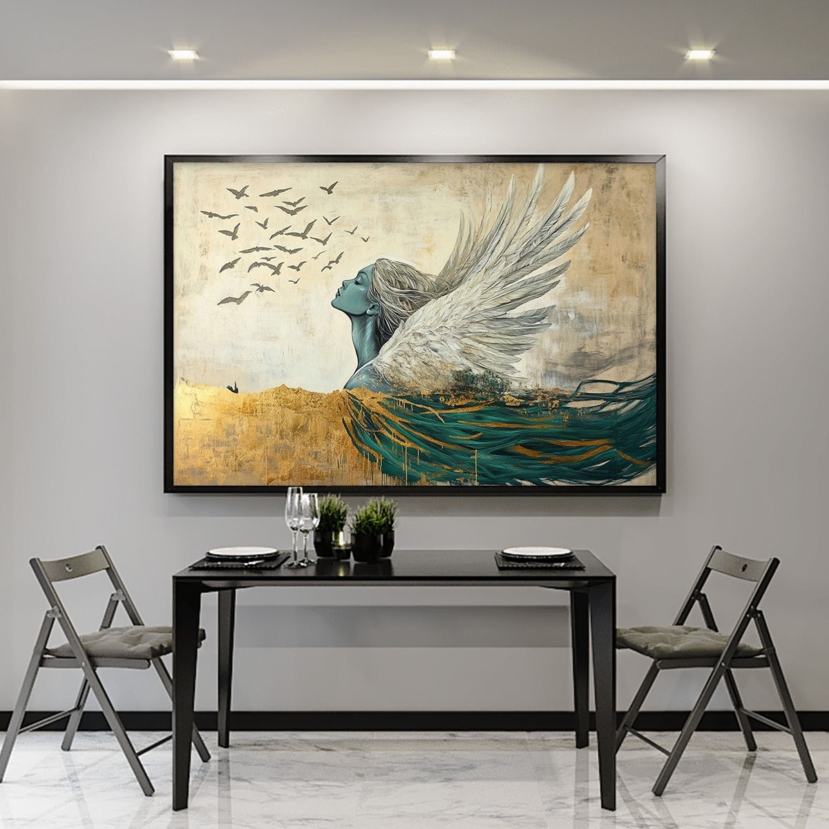 Teal and Gold Figurative Oil Painting – Golden Ascension