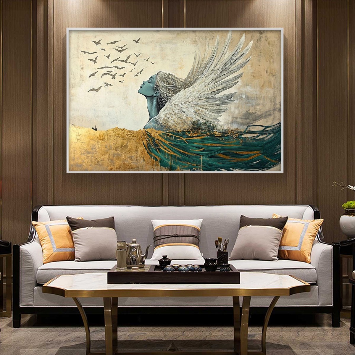 Teal and Gold Figurative Oil Painting – Golden Ascension