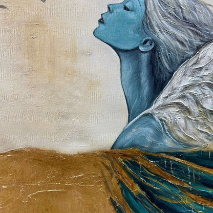 Teal and Gold Figurative Oil Painting – Golden Ascension