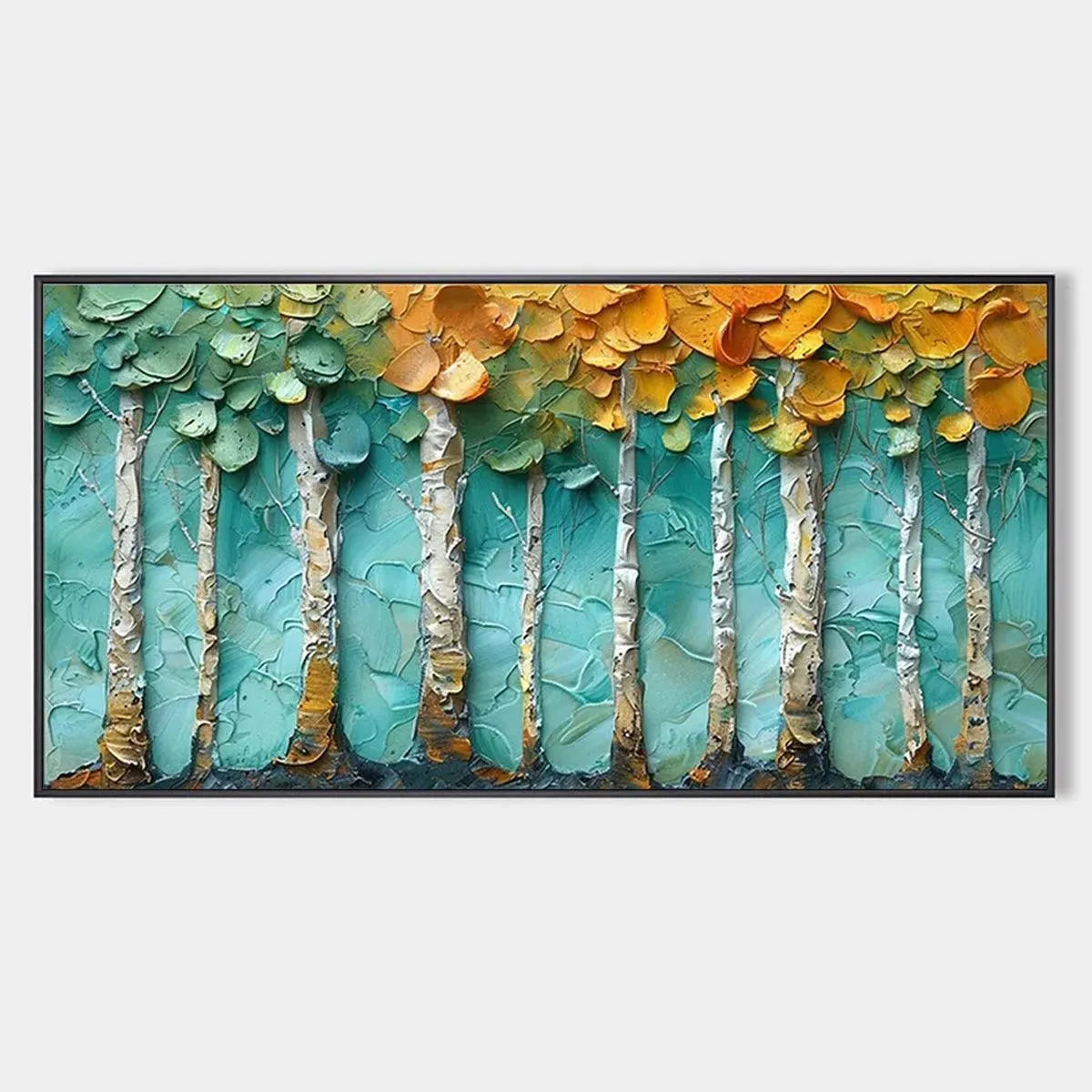 Golden Aspen Grove hand-painted gold and ivory textured forest landscape painting rolled canvas option