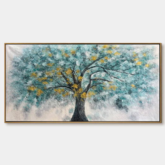 Golden Autumn hand-painted ocean blue and gold textured tree painting rolled canvas option