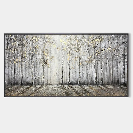 Golden Birchwood hand-painted gold and ivory textured forest landscape painting rolled canvas option