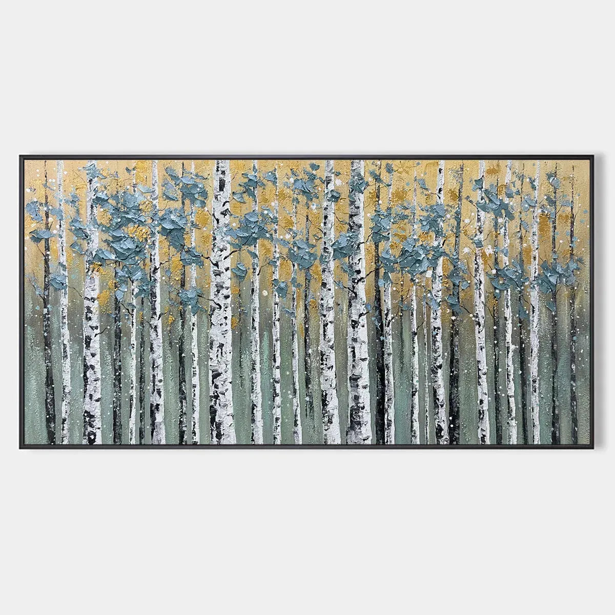 Golden Birch Grove hand-painted white, green and gold textured forest landscape painting rolled canvas option