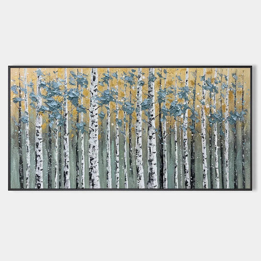 Golden Birch Grove hand-painted white, green and gold textured forest landscape painting rolled canvas option