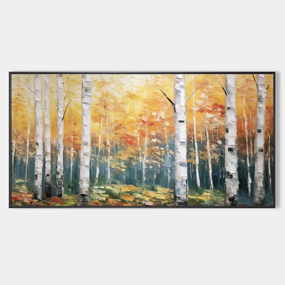 Golden Birch Grove hand-painted white, gold and yellow textured forest landscape painting rolled canvas option