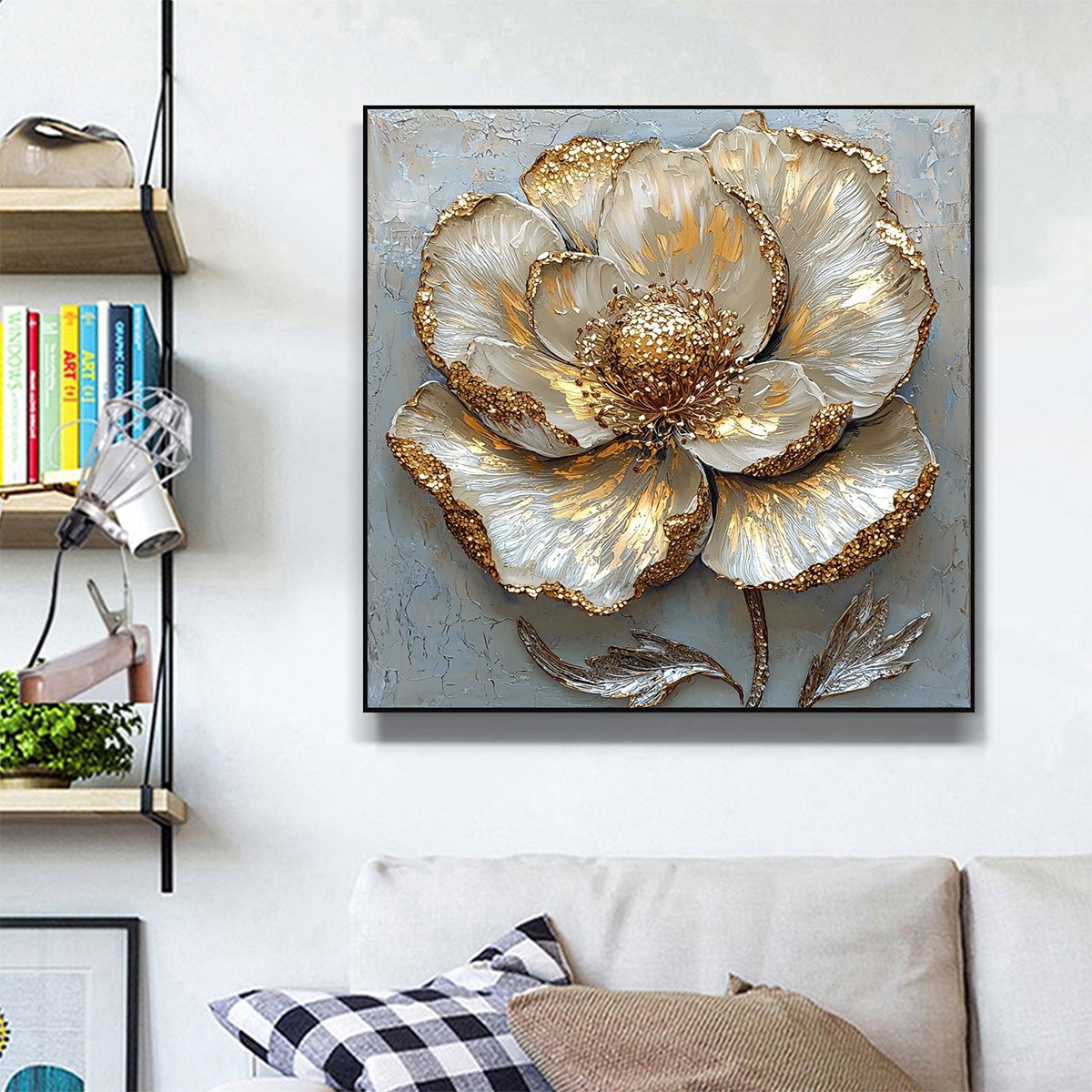 Gold Floral Impasto Oil Painting – Golden Bloom