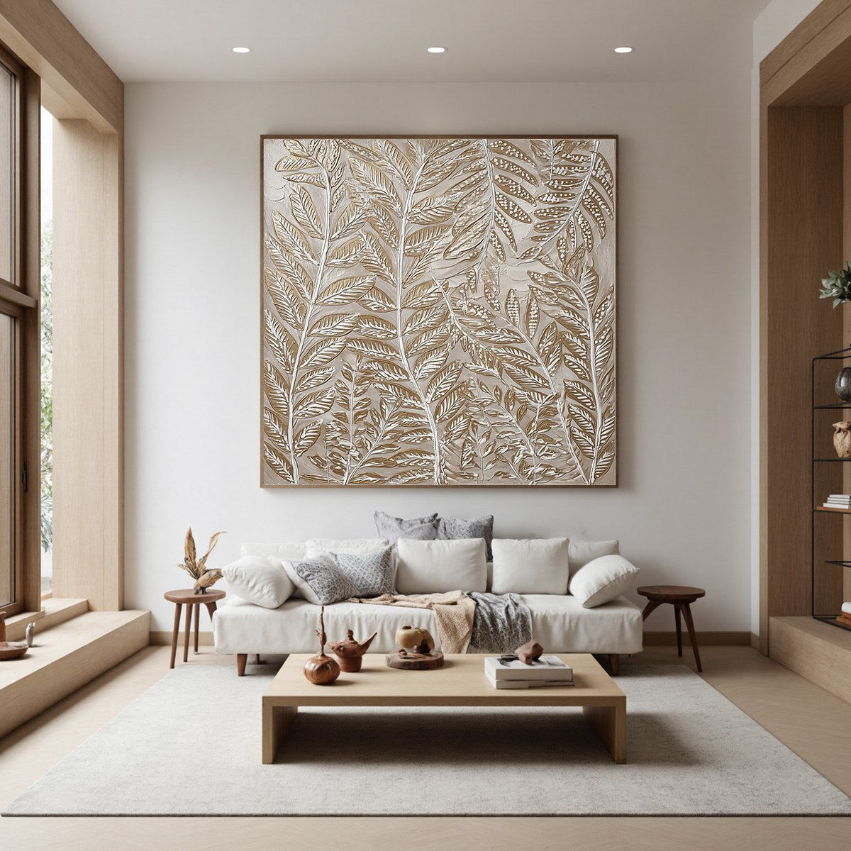 Gold and White Wabi-Sabi Botanical Textured Oil Painting – Golden Botanicals