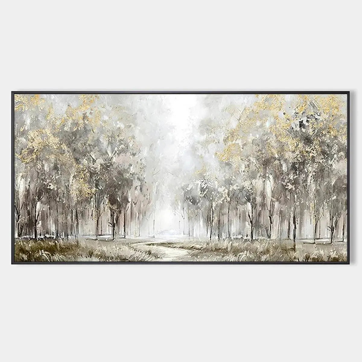 Golden Forest Path hand-painted soft grey and gold textured forest path painting rolled canvas option