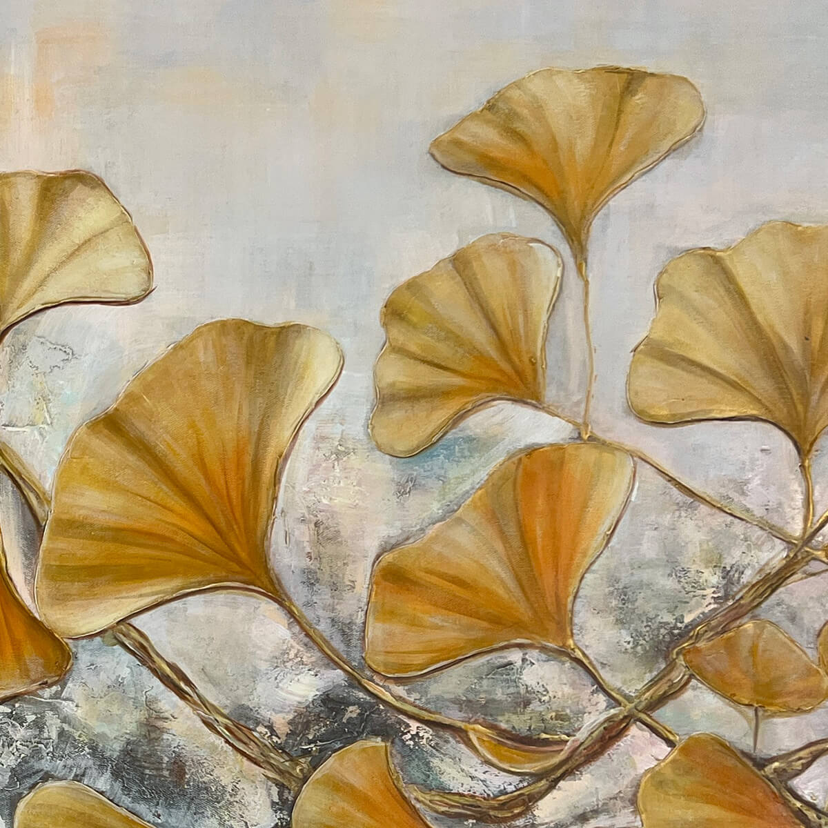 Golden Ginkgo hand-painted gold and ivory textured botanical painting shown with gold frame