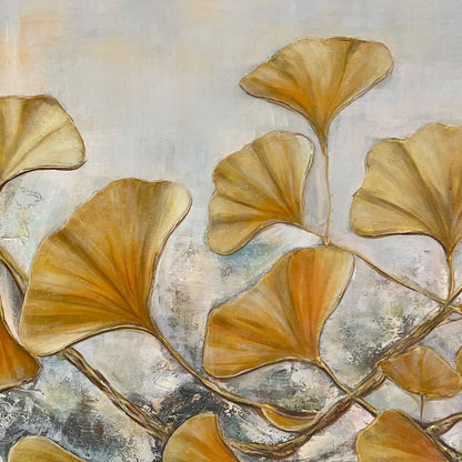 Golden Ginkgo hand-painted gold and ivory textured botanical painting shown with gold frame