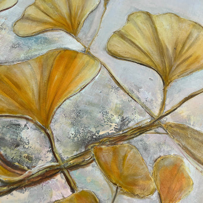 Golden Ginkgo hand-painted gold and ivory textured botanical painting shown with black frame