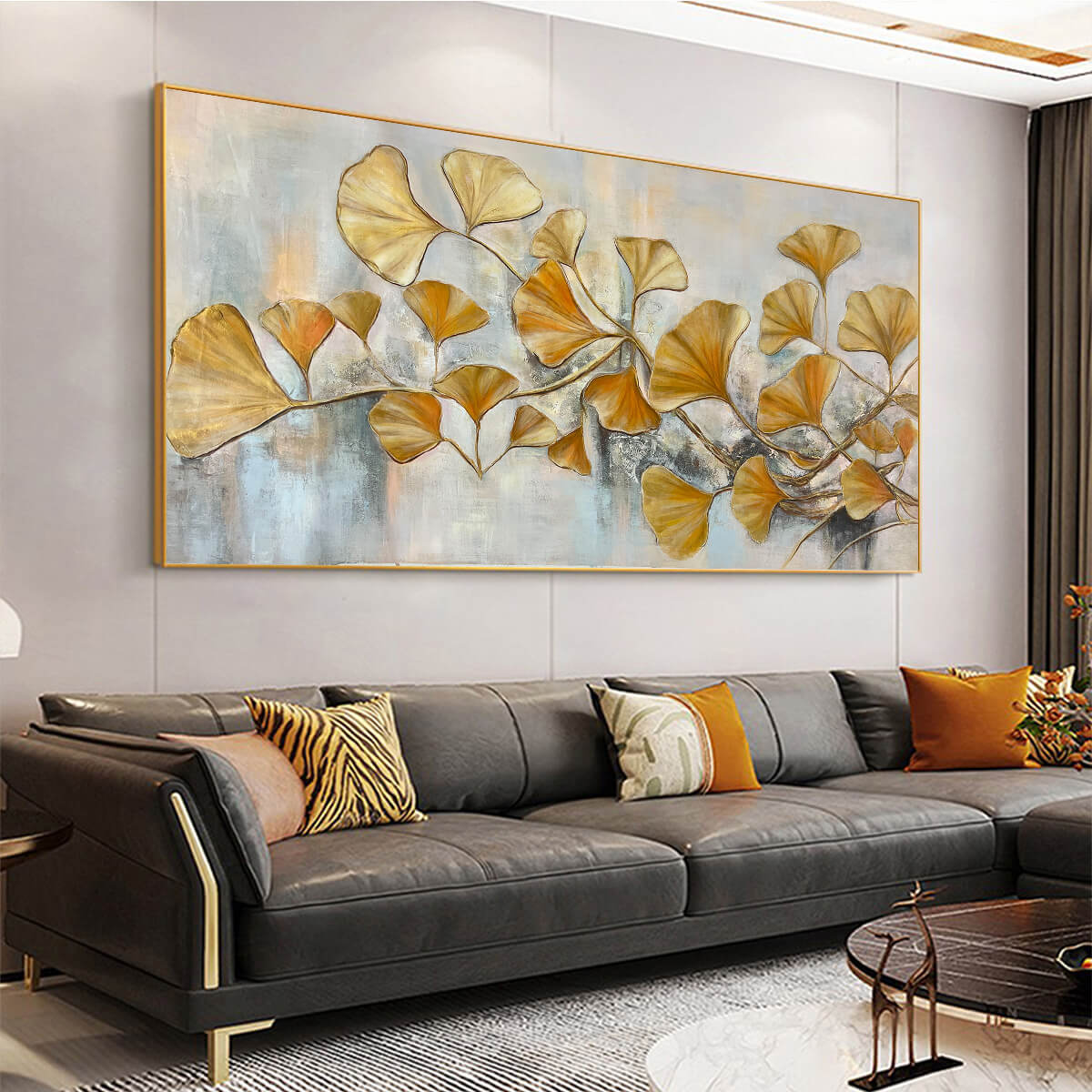 Golden Ginkgo hand-painted gold and ivory textured botanical painting shown with wood frame