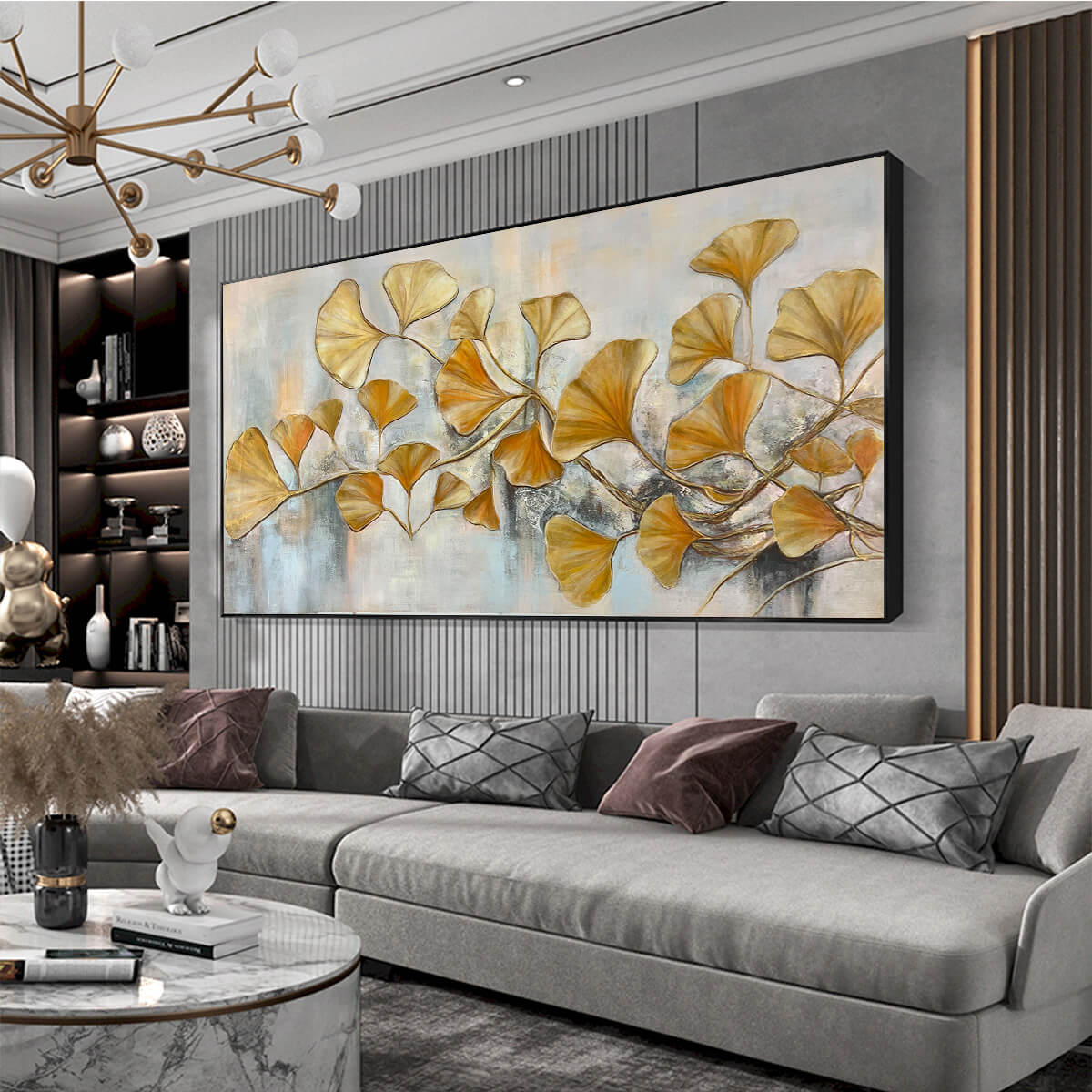 Golden Ginkgo hand-painted gold and ivory textured botanical painting shown with white frame