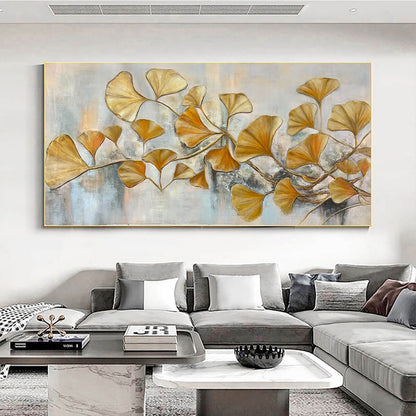 Golden Ginkgo hand-painted gold and ivory textured botanical painting shown as stretched canvas