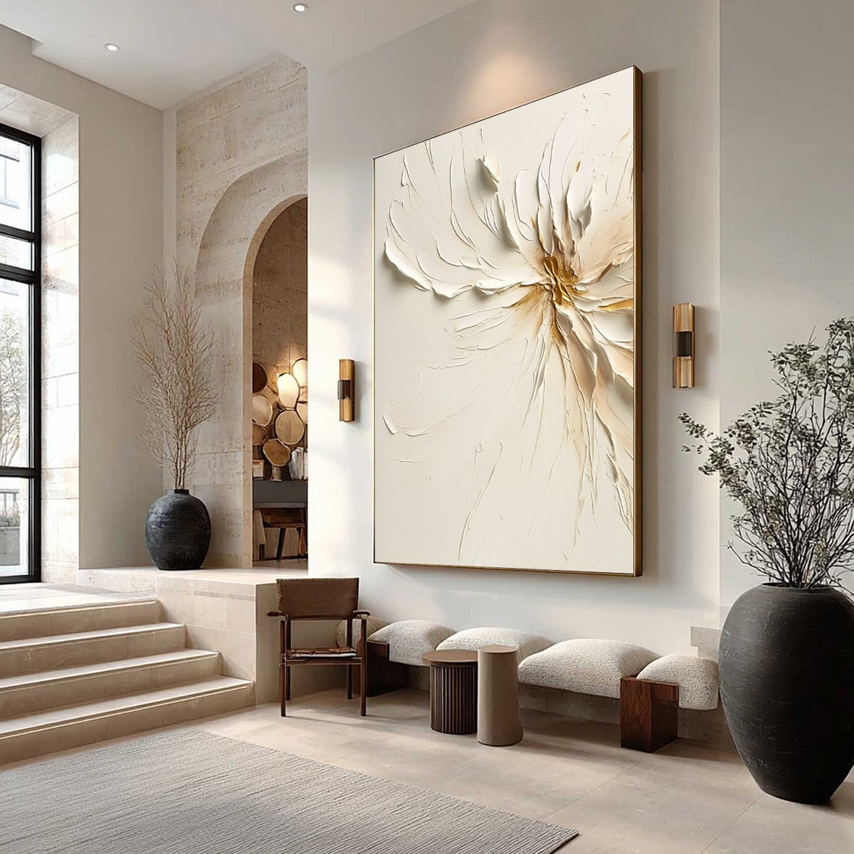 Gold and White Abstract Floral Impasto Painting – Golden Heart
