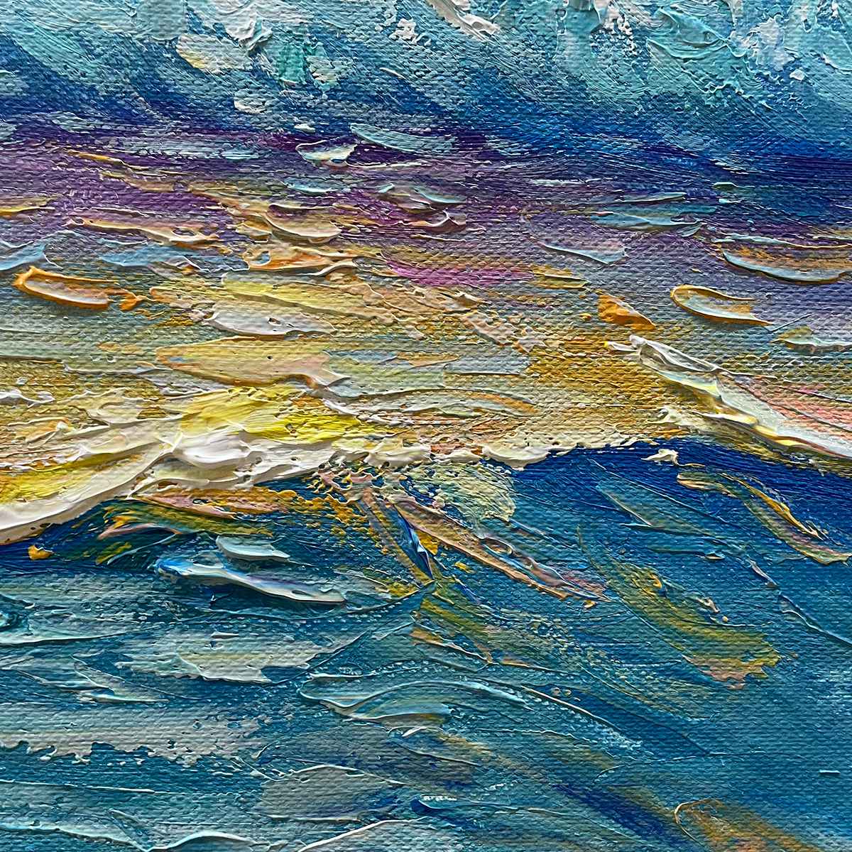 Golden Horizon hand-painted gold and ivory textured sunset seascape painting shown with silver frame