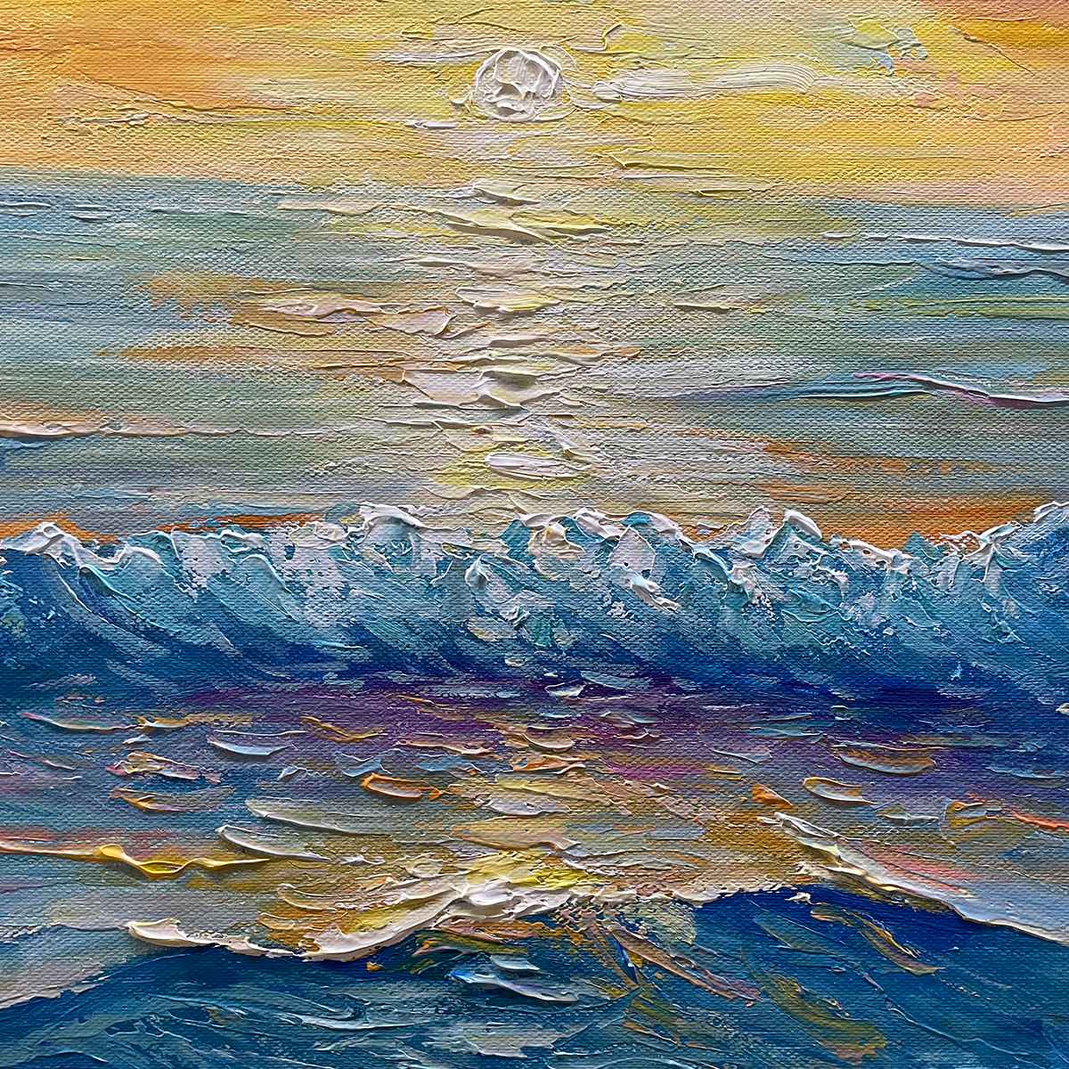 Golden Horizon hand-painted gold and ivory textured sunset seascape painting shown with black frame