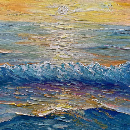 Golden Horizon hand-painted gold and ivory textured sunset seascape painting shown with black frame
