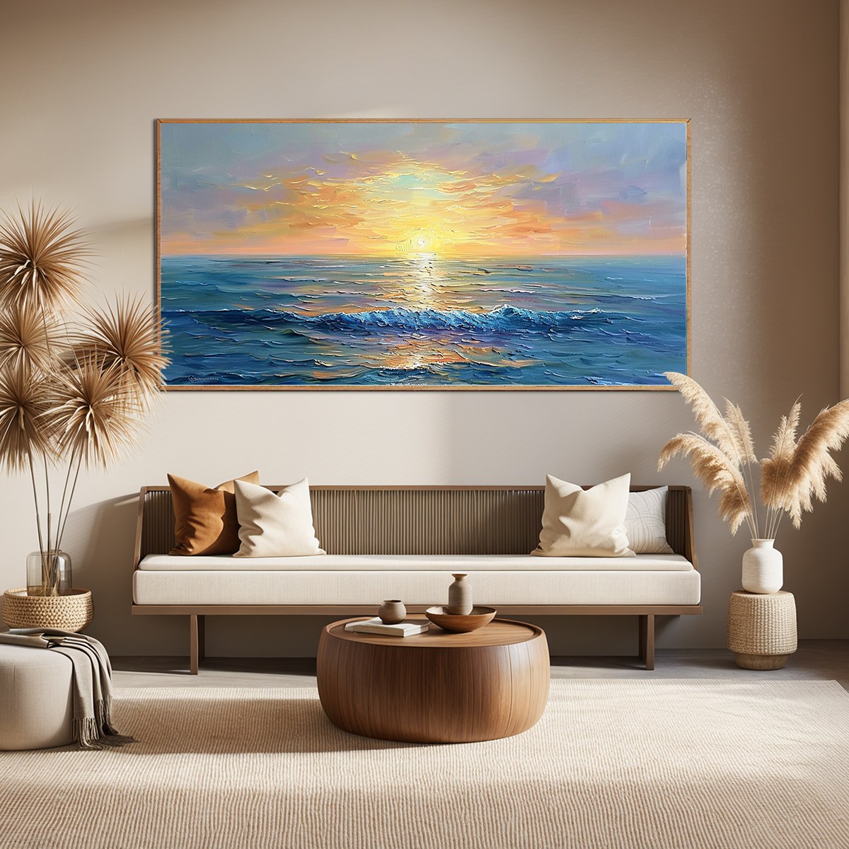 Golden Horizon hand-painted gold and ivory textured sunset seascape painting shown as stretched canvas