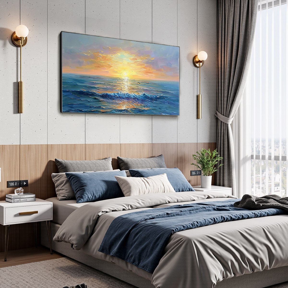 Golden Horizon hand-painted gold and ivory textured sunset seascape painting shown with white frame
