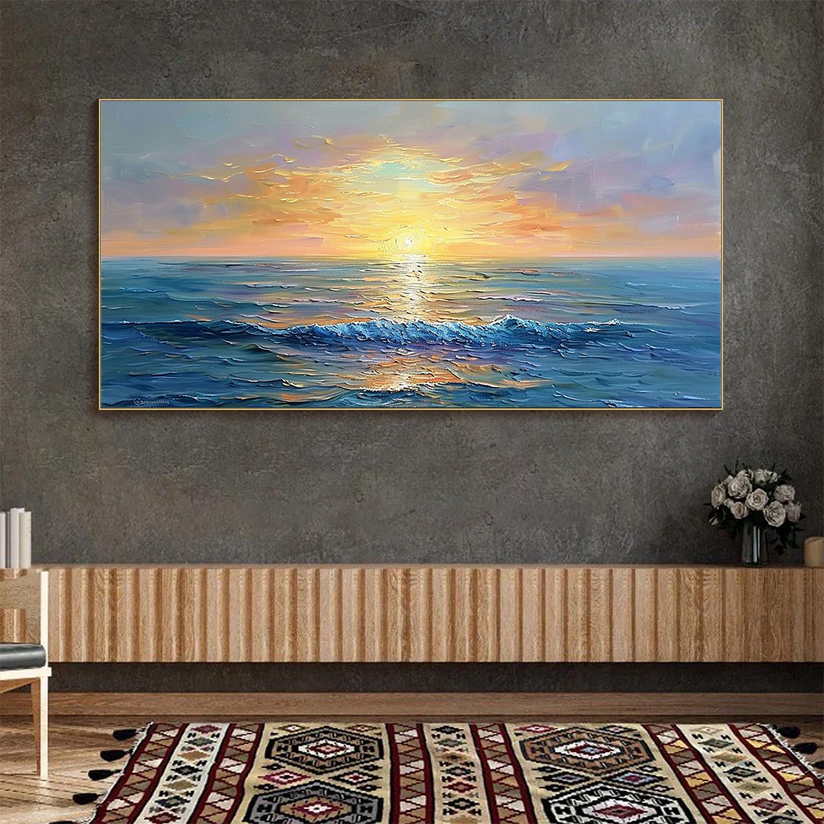 Golden Horizon hand-painted gold and ivory textured sunset seascape painting rolled canvas option