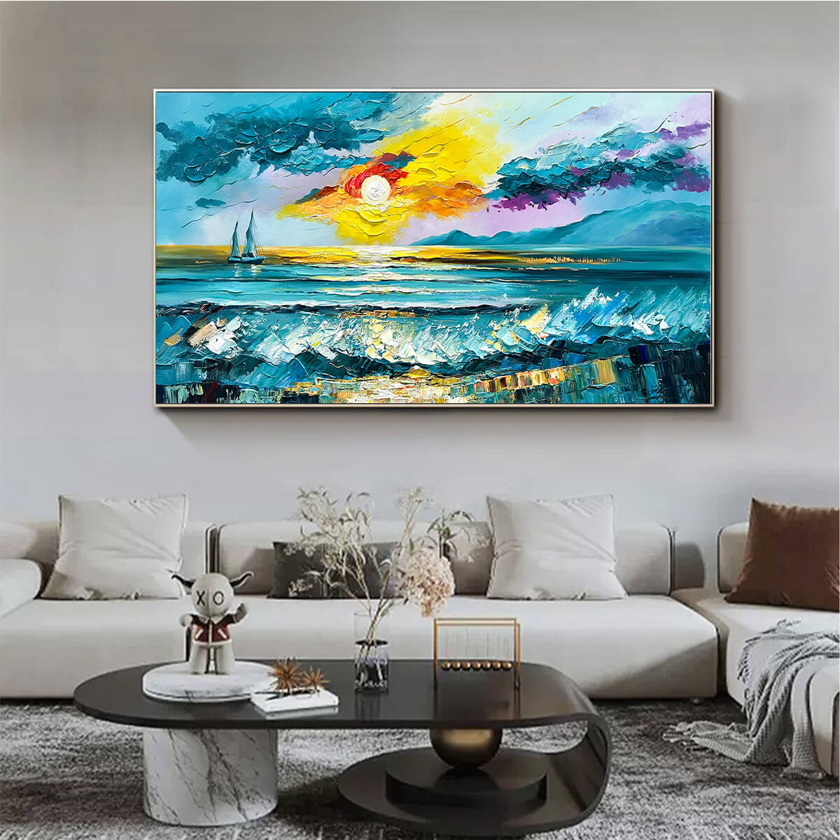 Golden Horizon hand-painted gold and ivory textured sailboat seascape painting rolled canvas option