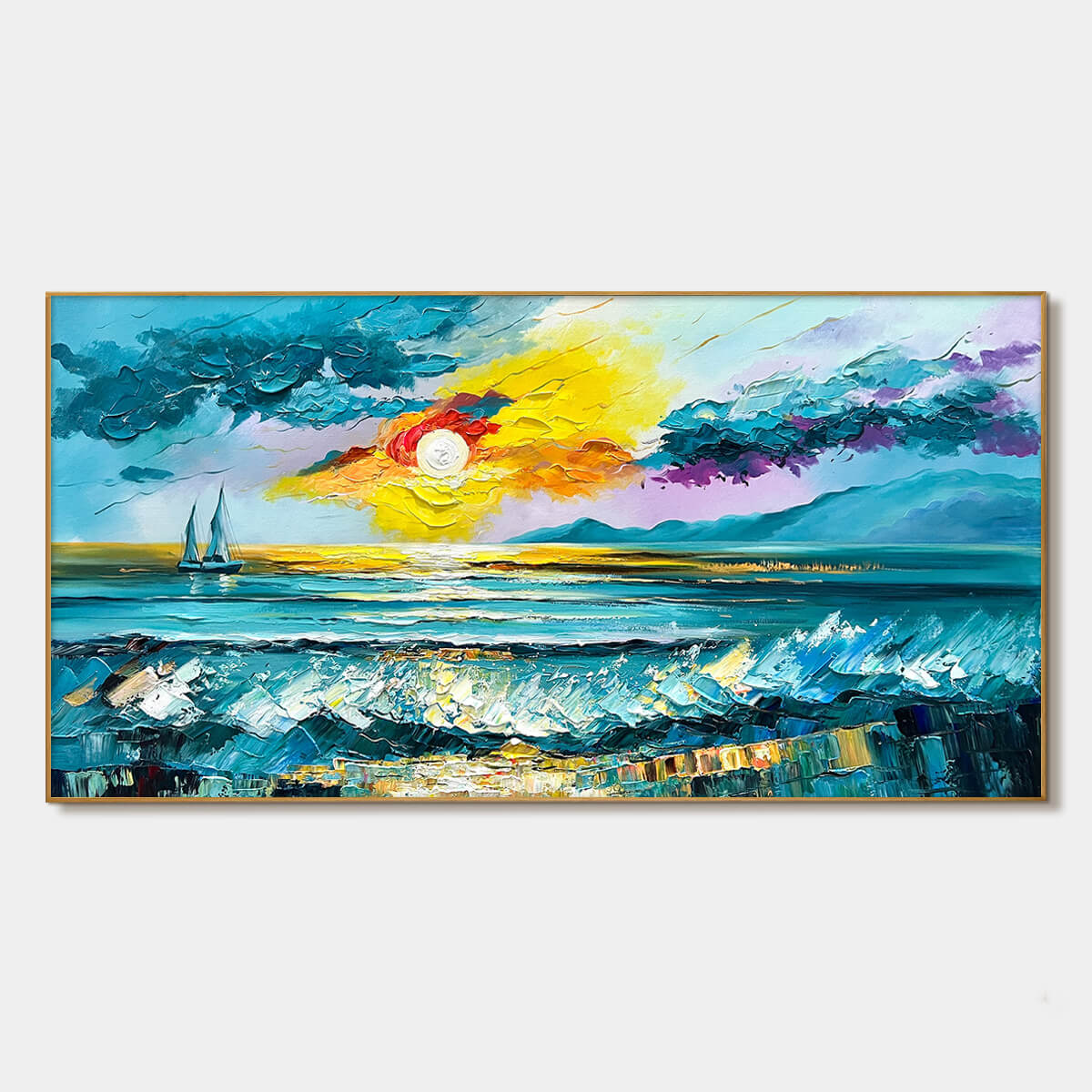 Golden Horizon hand-painted gold and ivory textured sailboat seascape painting rolled canvas option