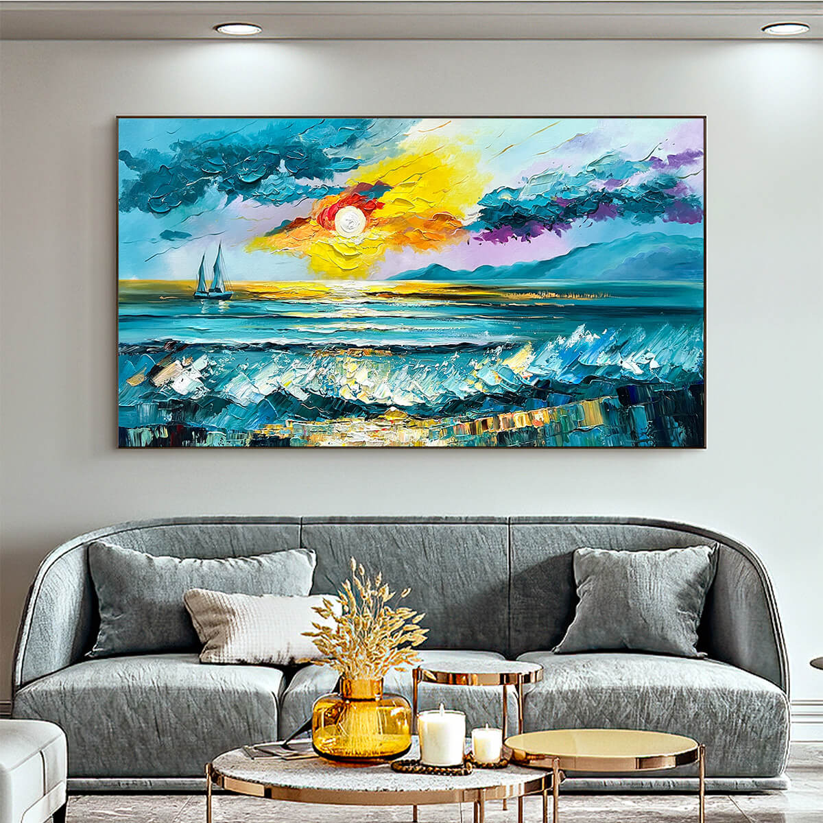 Golden Horizon hand-painted gold and ivory textured sailboat seascape painting shown as stretched canvas