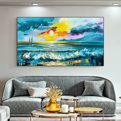 Golden Horizon hand-painted gold and ivory textured sailboat seascape painting shown as stretched canvas