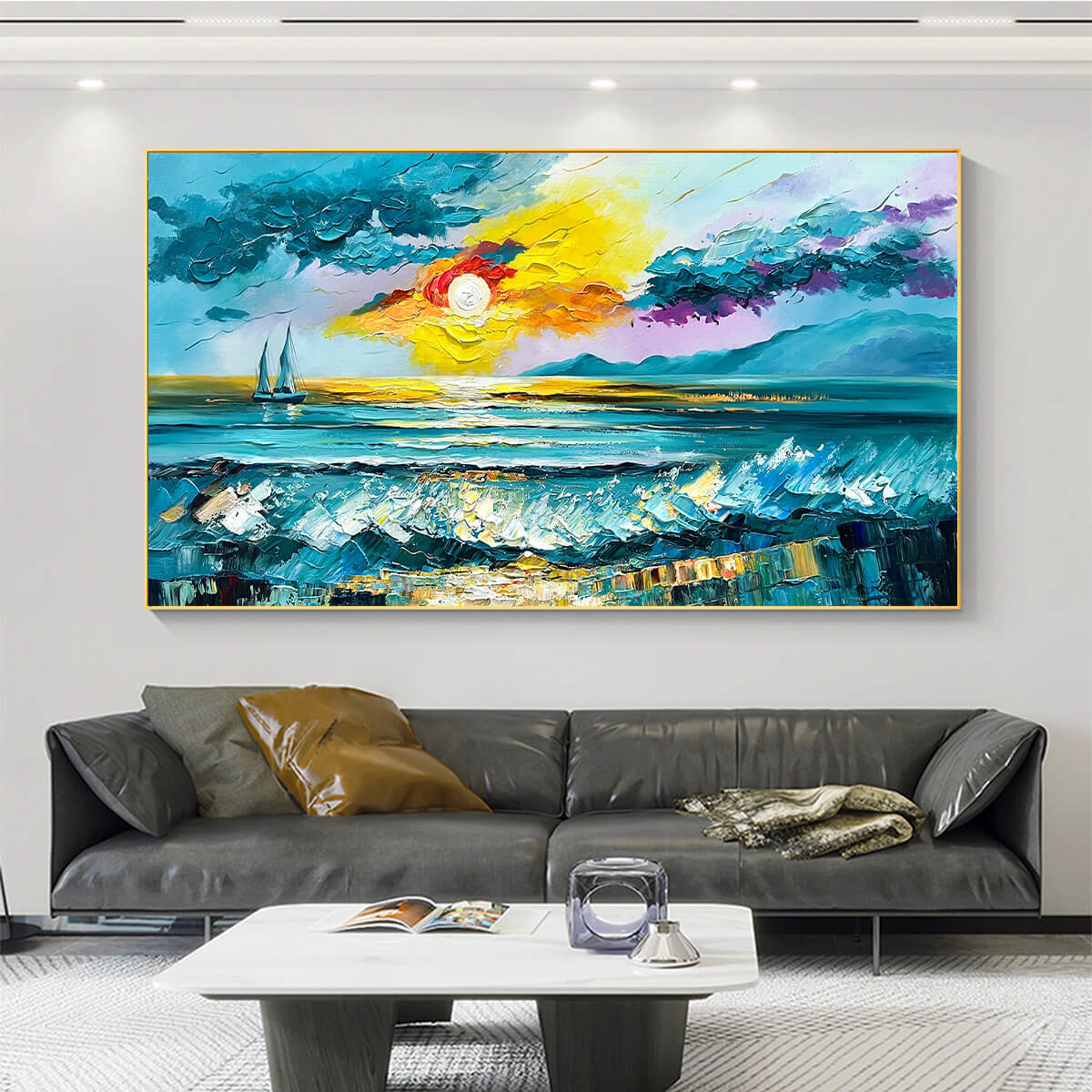 Golden Horizon hand-painted gold and ivory textured sailboat seascape painting shown with wood frame