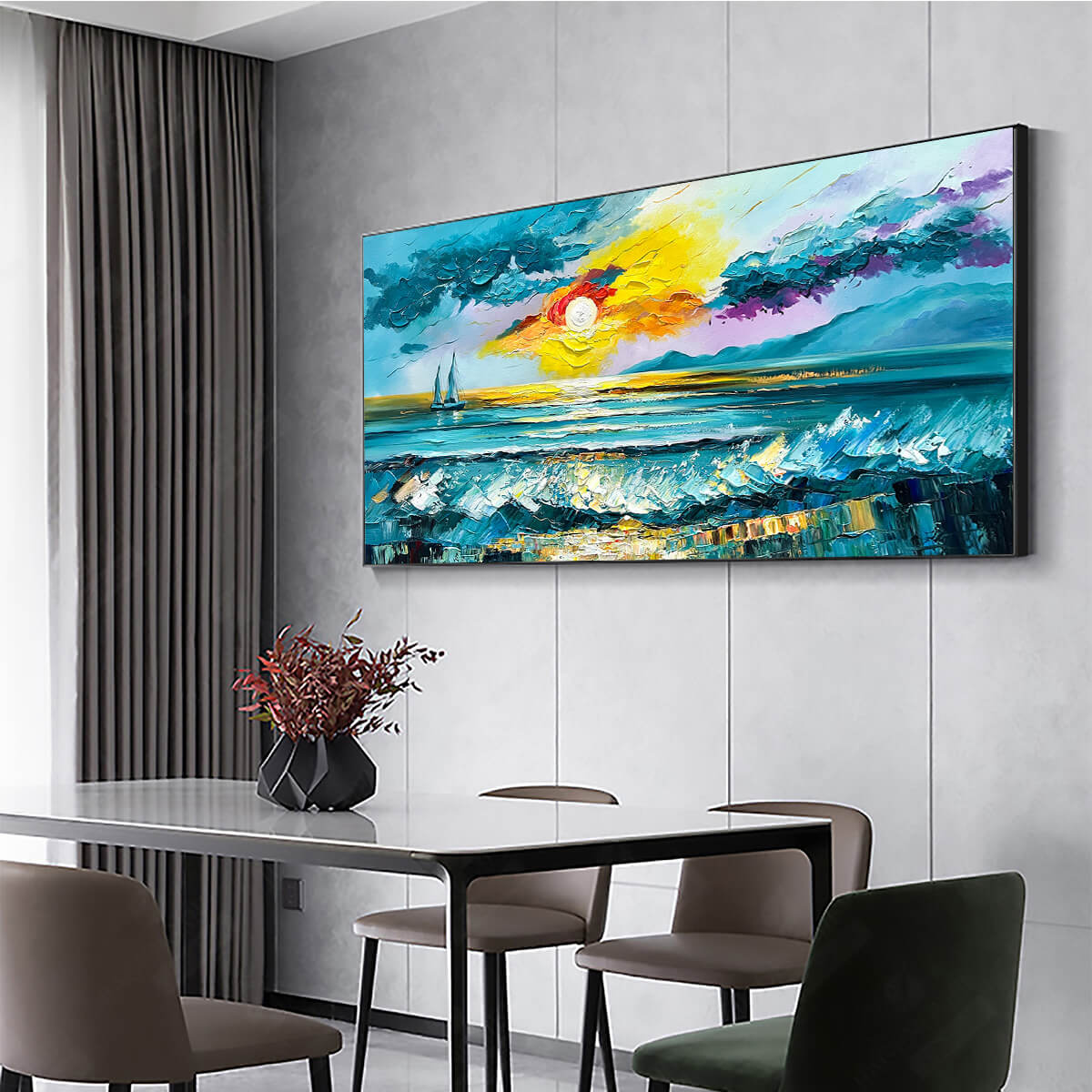 Golden Horizon hand-painted gold and ivory textured sailboat seascape painting shown with white frame