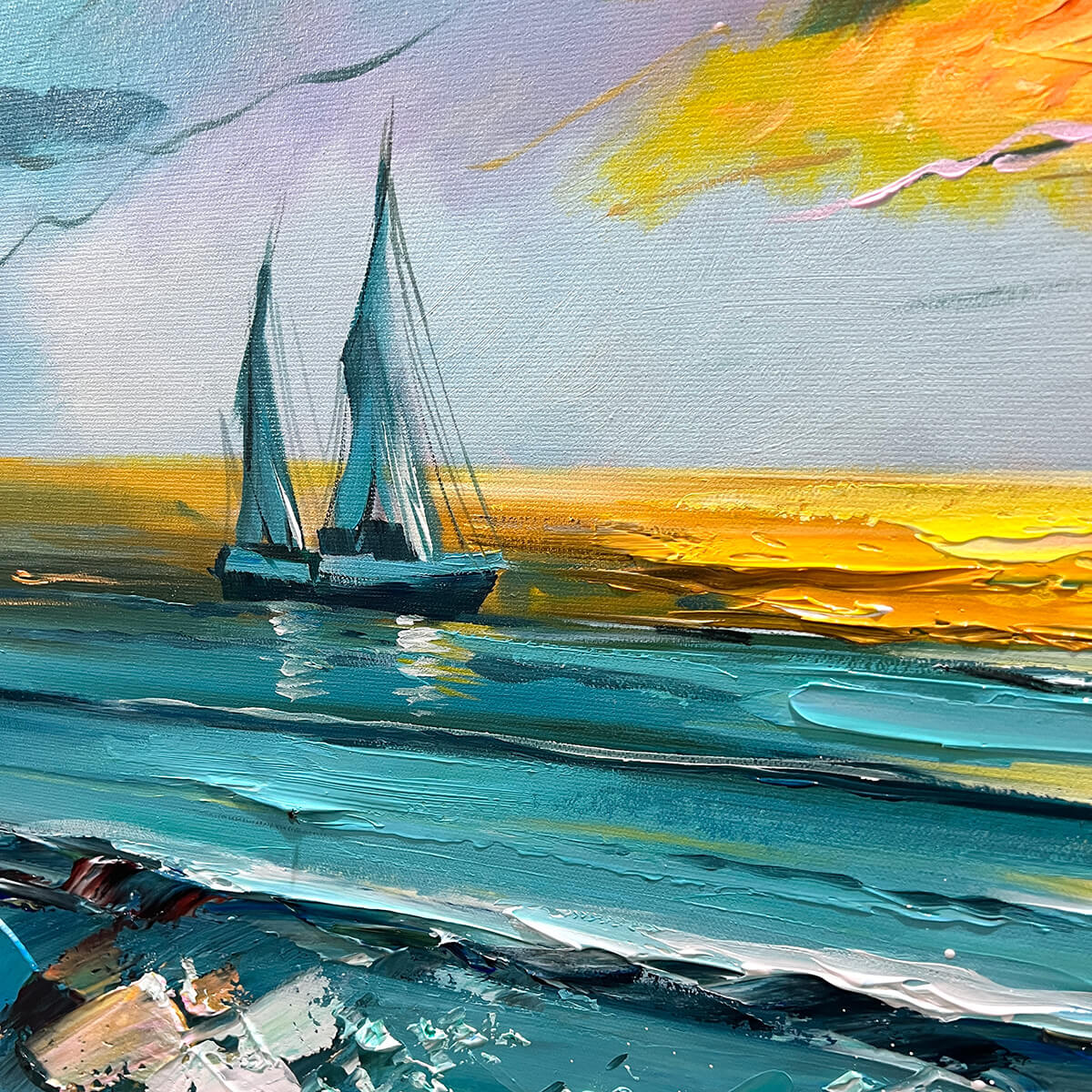 Golden Horizon hand-painted gold and ivory textured sailboat seascape painting shown with black frame
