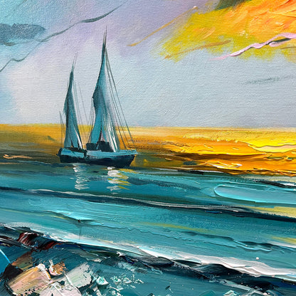 Golden Horizon hand-painted gold and ivory textured sailboat seascape painting shown with black frame