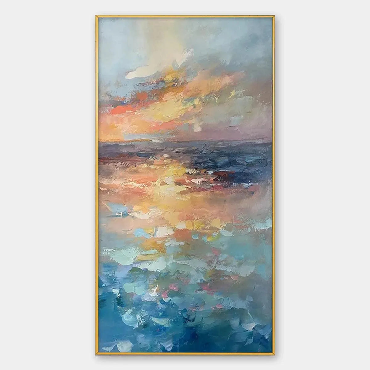 Golden Hour Seascape hand-painted gold, orange and pink textured sunset seascape painting rolled canvas option