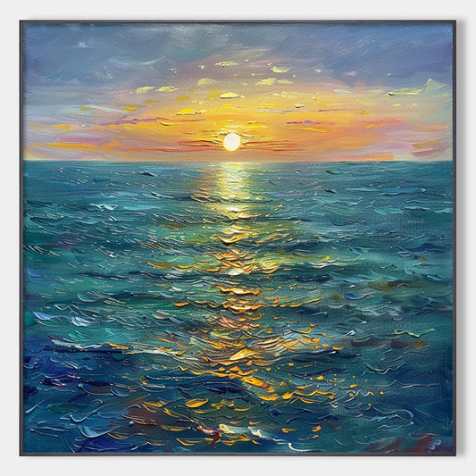 Golden Hour hand-painted gold and ivory textured sunset seascape painting rolled canvas option