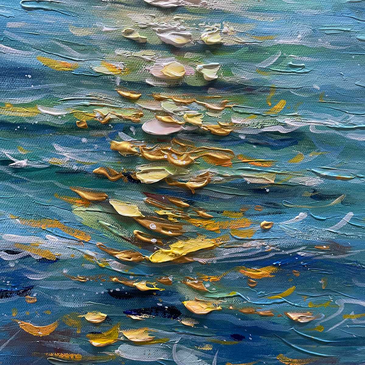 Golden Hour hand-painted gold and ivory textured sunset seascape painting shown with black frame