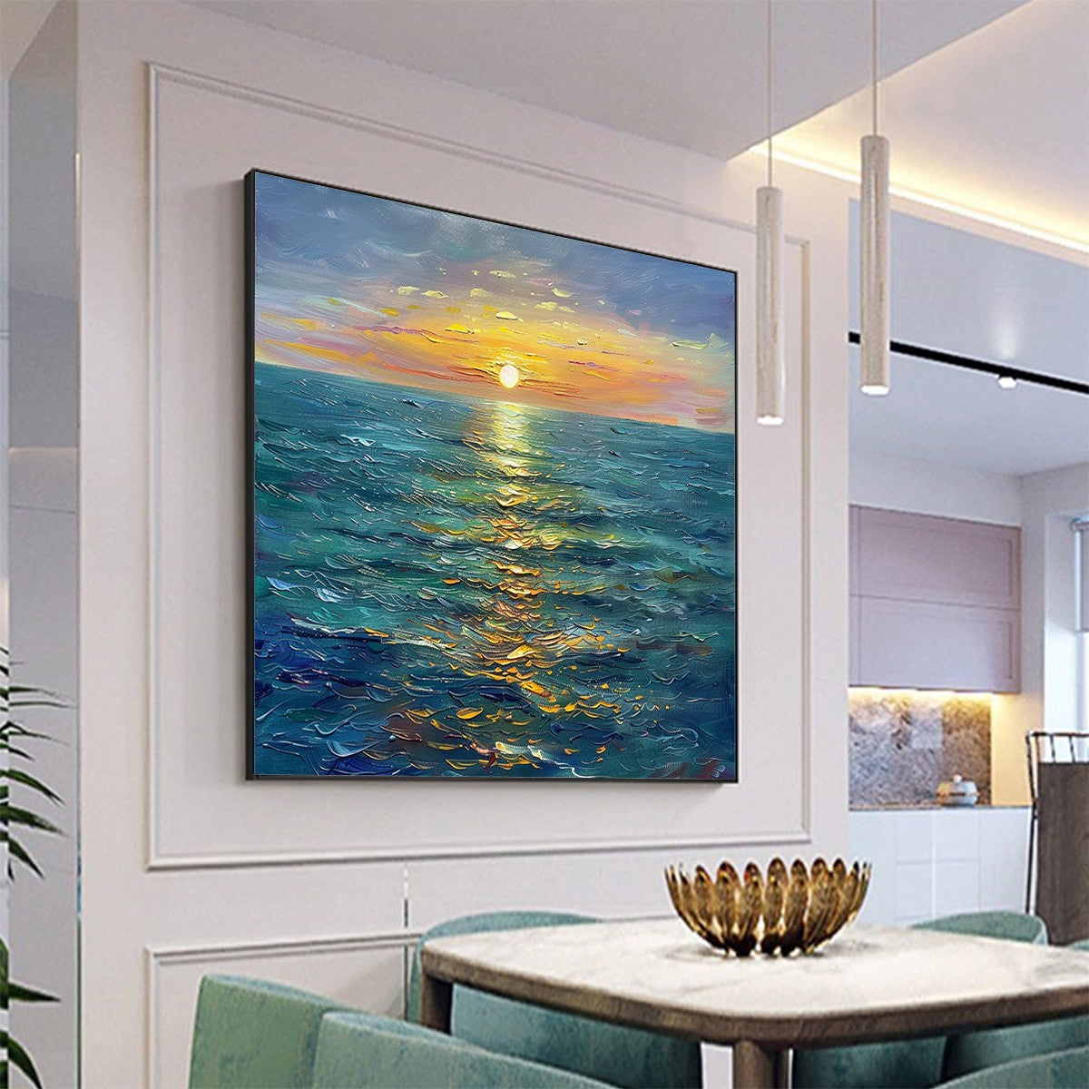 Golden Hour hand-painted gold and ivory textured sunset seascape painting shown with white frame