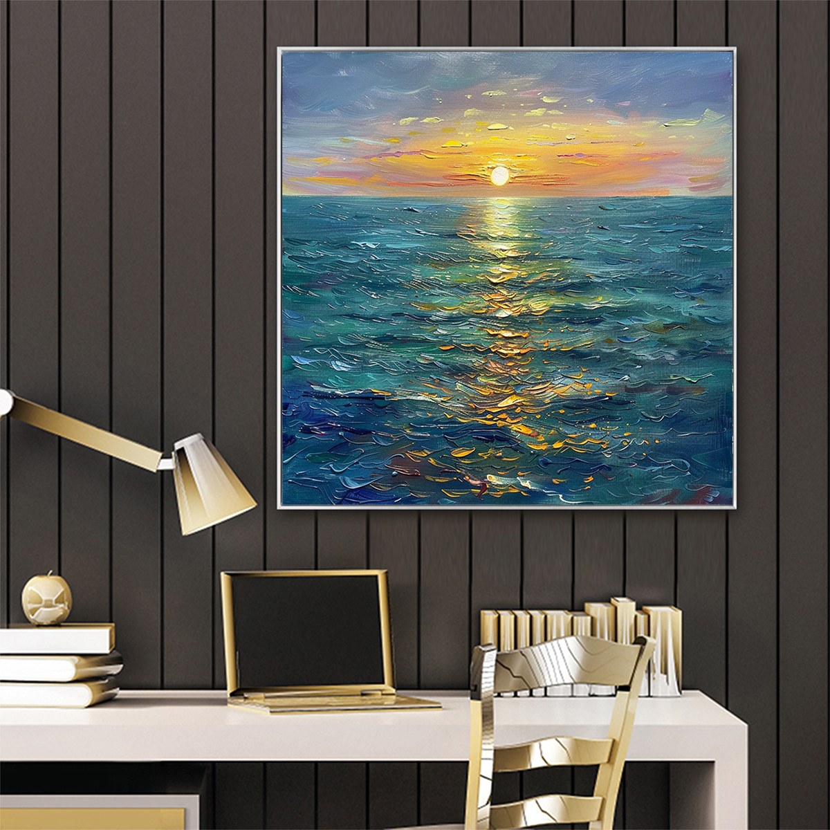 Golden Hour hand-painted gold and ivory textured sunset seascape painting rolled canvas option