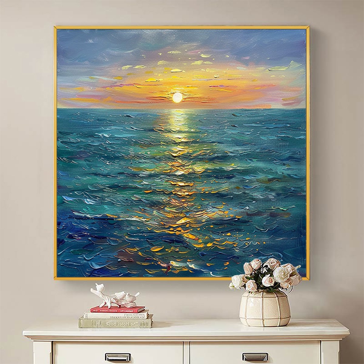 Golden Hour hand-painted gold and ivory textured sunset seascape painting shown with wood frame