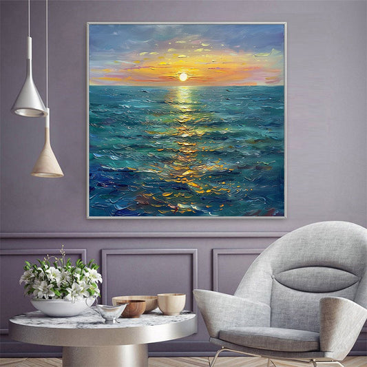 Golden Hour hand-painted gold and ivory textured sunset seascape painting shown as stretched canvas