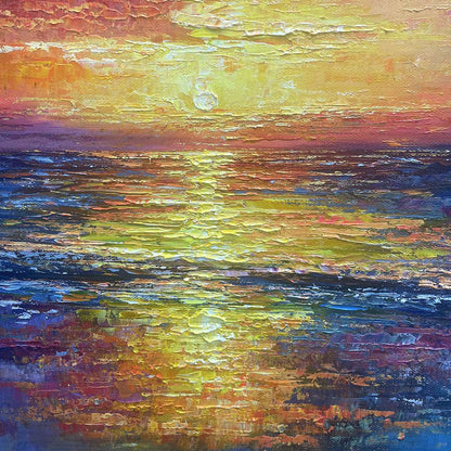 Golden Hour hand-painted gold, orange, pink and violet textured sunset seascape painting shown with black frame