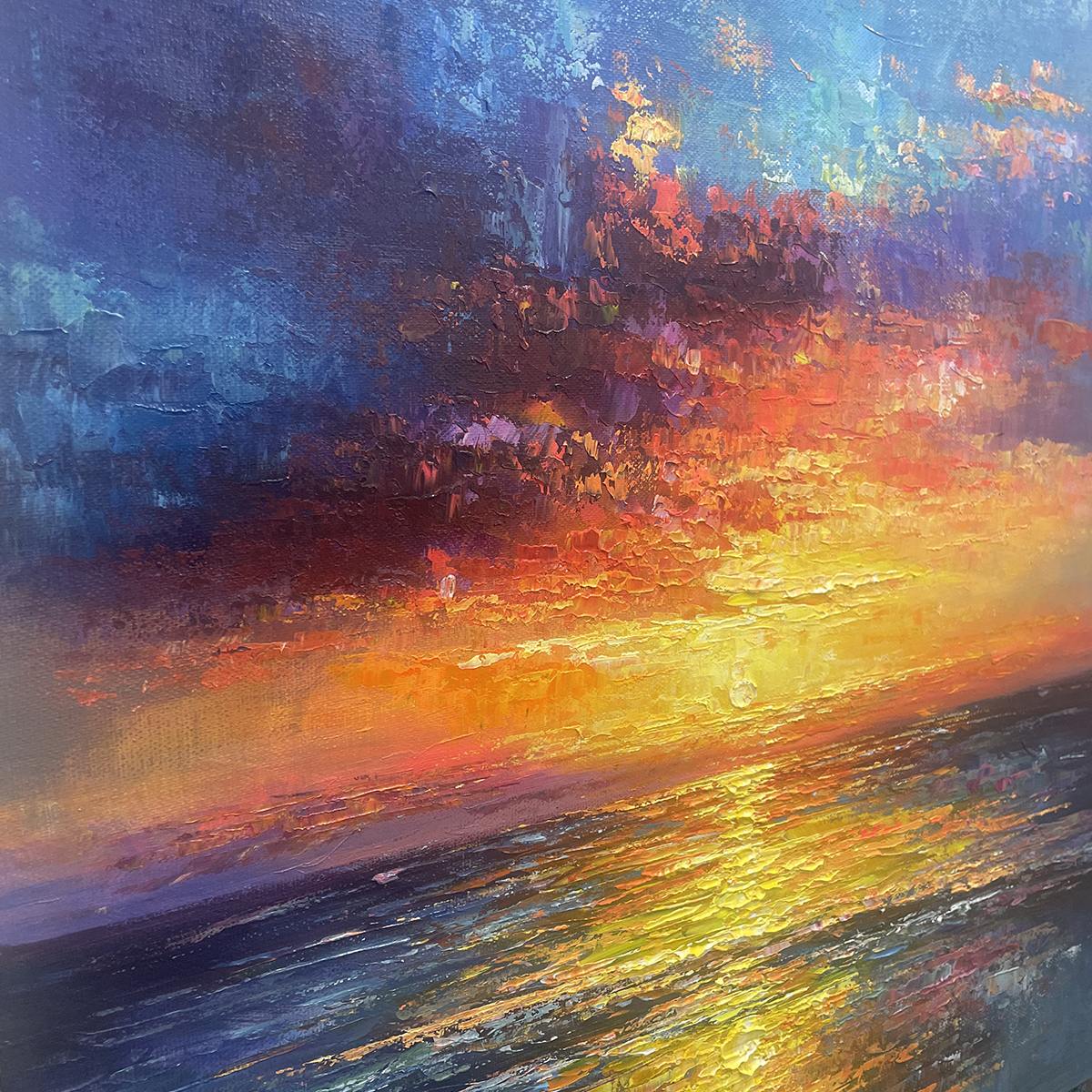 Golden Hour hand-painted gold, orange, pink and violet textured sunset seascape painting shown with silver frame