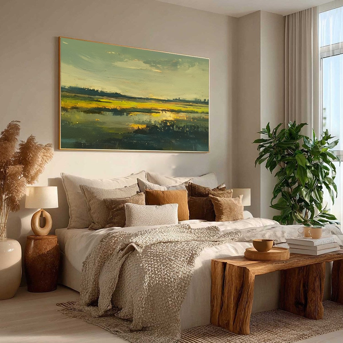Golden Marsh hand-painted gold and yellow textured coastal landscape painting shown with black frame