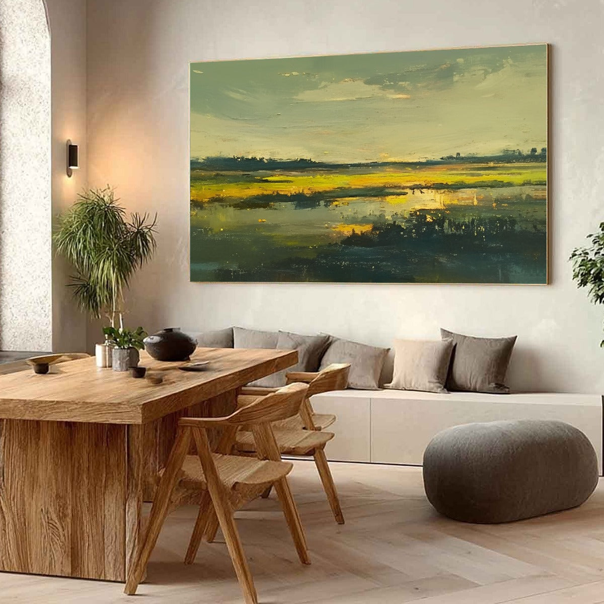 Golden Marsh hand-painted gold and yellow textured coastal landscape painting shown with white frame