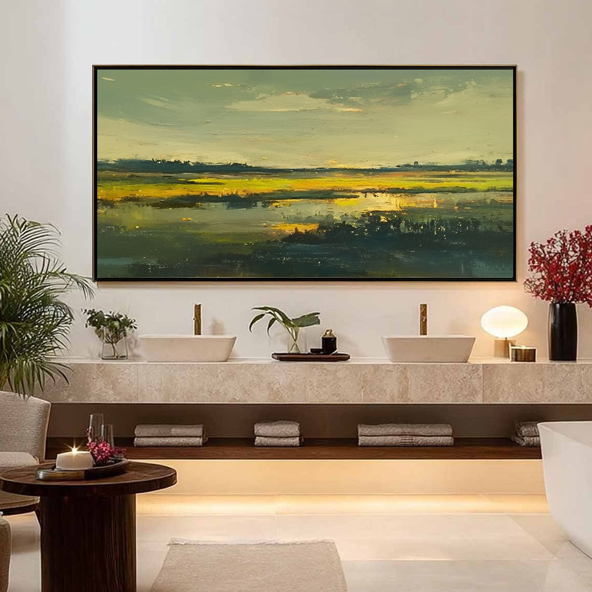 Golden Marsh hand-painted gold and yellow textured coastal landscape painting shown as stretched canvas