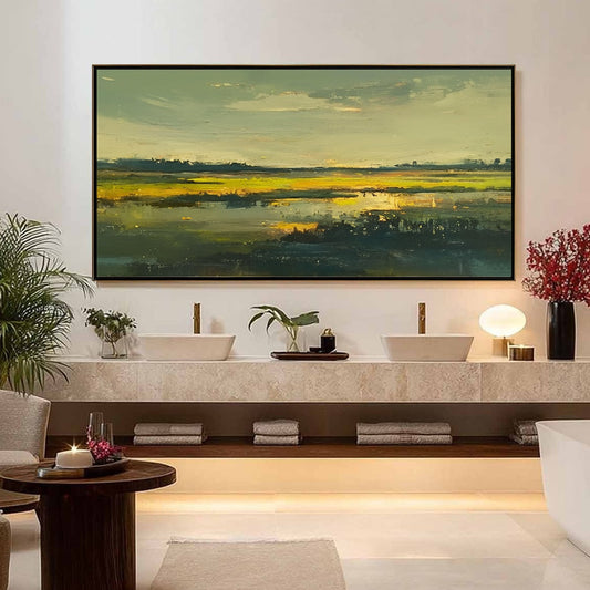 Golden Marsh hand-painted gold and yellow textured coastal landscape painting shown as stretched canvas